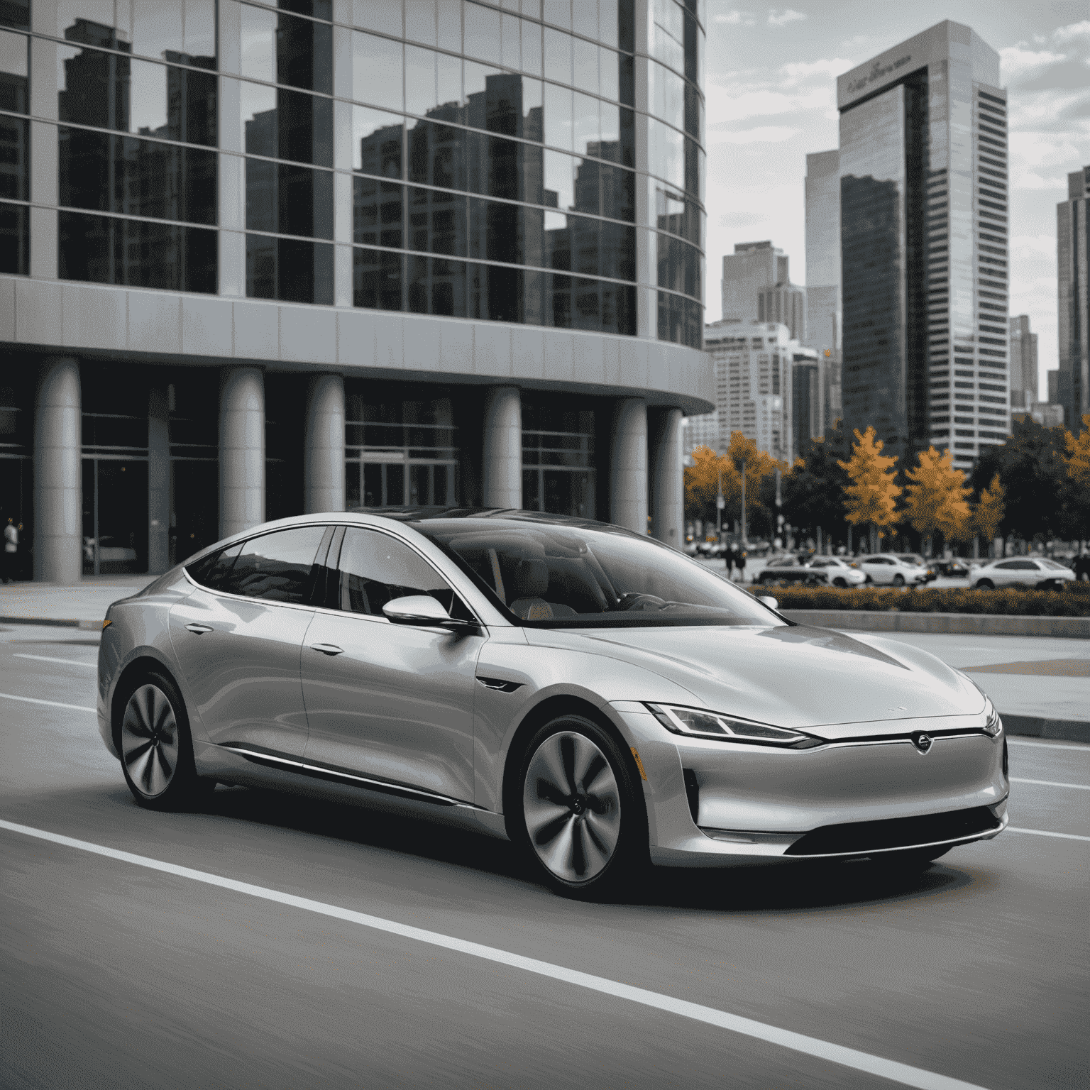 Een elegante elektrische sedan in zilvergrijs, met vloeiende lijnen en een futuristisch front, staand voor een moderne stedelijke achtergrond