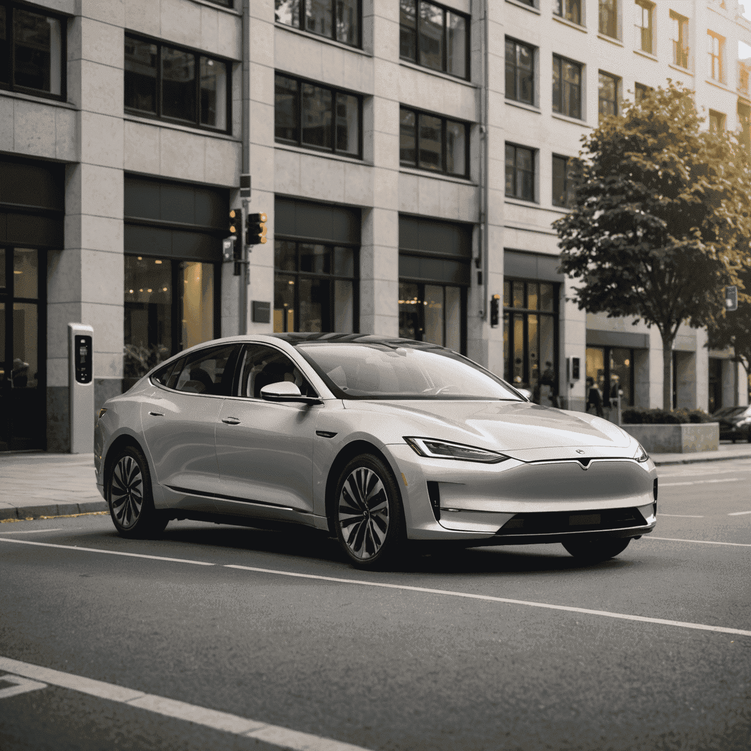 Een moderne elektrische sedan in zilverkleur, geparkeerd voor een laadstation in een stedelijke omgeving. De auto heeft een gestroomlijnd ontwerp met LED-koplampen en een groot panoramadak.