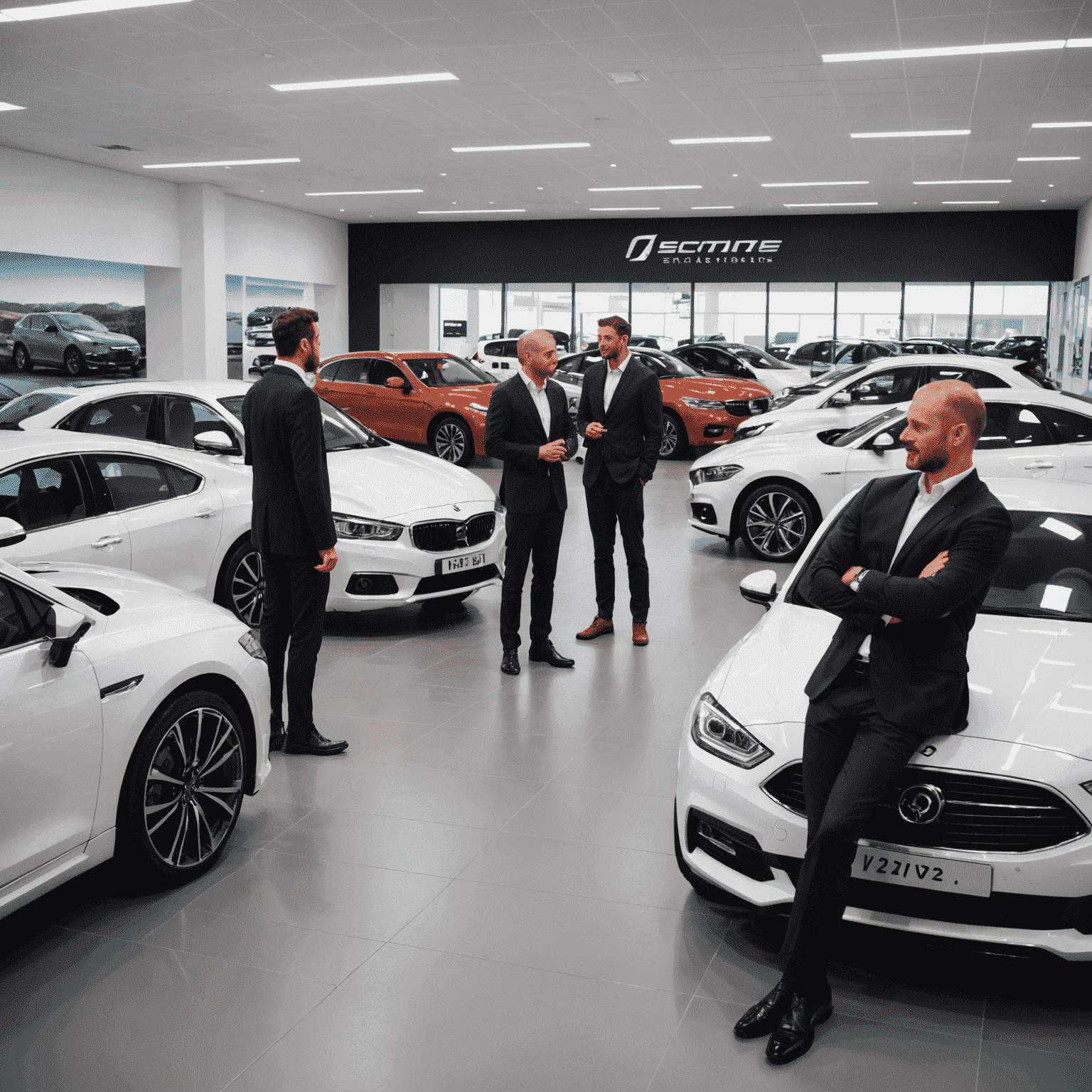 Een moderne showroom met verschillende auto's op display, klaar voor inruil. Een verkoper staat naast een klant en bespreekt de details van een auto.