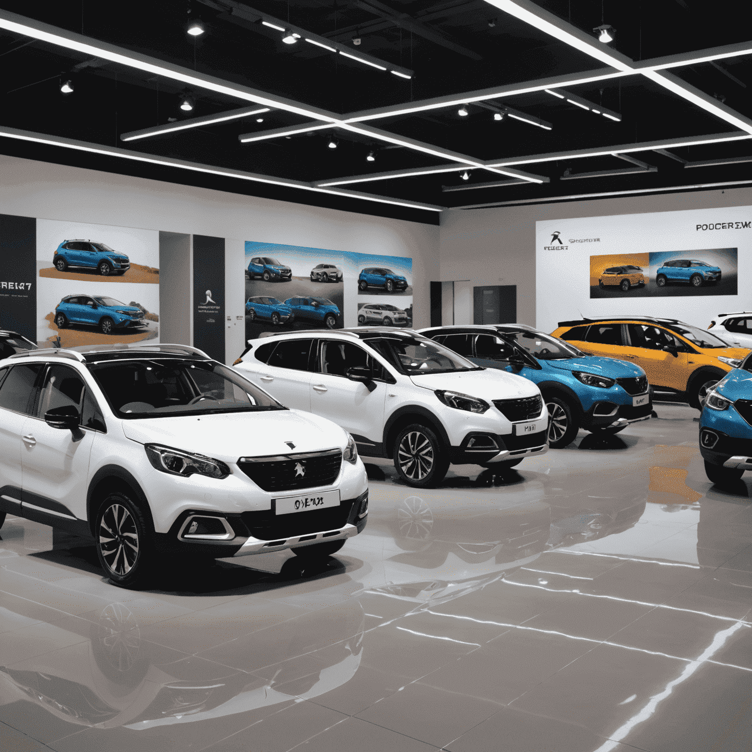 Een showroom met verschillende compacte SUV-modellen, waaronder de Peugeot 2008 en Renault Captur, met klanten die de auto's bekijken