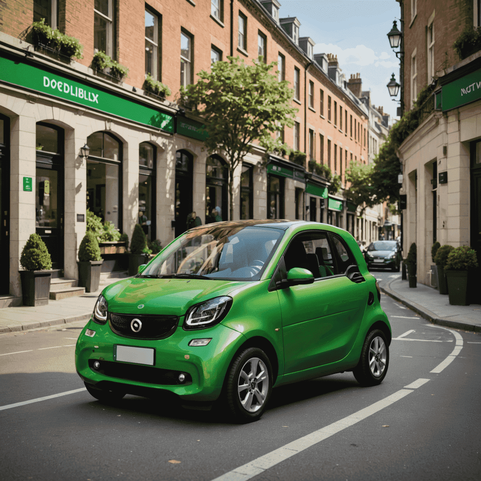 Een compacte stadsauto in levendig groen, met een kleine draaicirkel en slimme parkeersensoren, manoeuvrerende door smalle stadsstraten