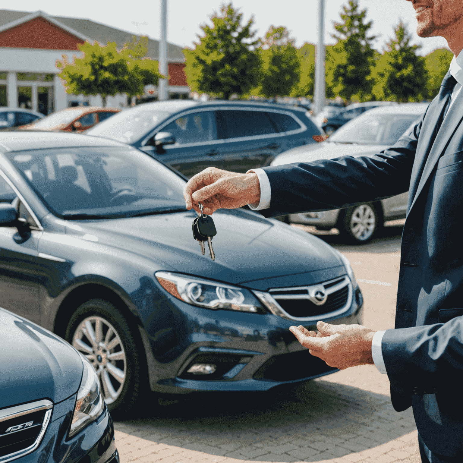 Een autodealer die een klant een sleutel overhandigt terwijl ze naast een nieuwe auto staan, met de ingeruilde auto op de achtergrond