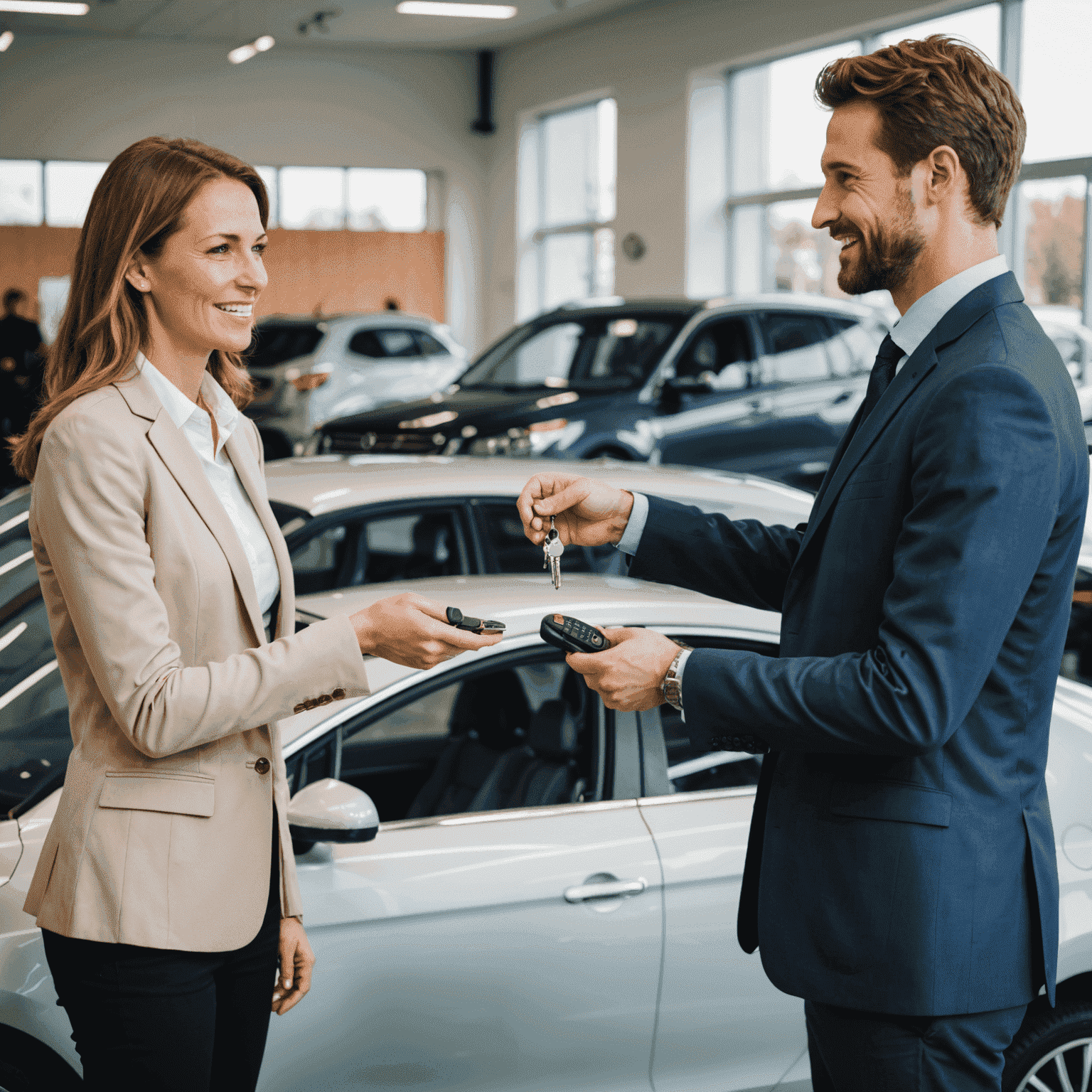 Een tevreden klant die de sleutels van zijn nieuwe auto ontvangt van een vriendelijke Chassix-verkoper in de showroom, met op de achtergrond verschillende nieuwe automodellen